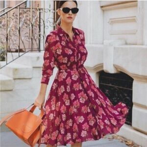 Nanette Lepore Burgundy Floral Long Sleeve Shirt Dress